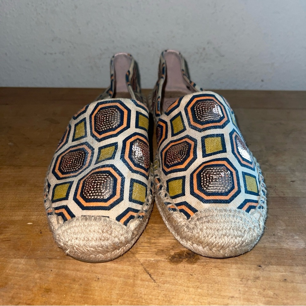Tory Burch Cecily Embellished Espadrille Flats Octagon Square Ivory Size 7 - Picture 2 of 5